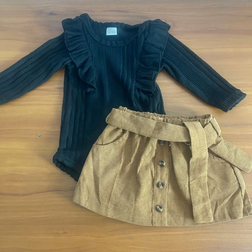 Girls Black Ruffle‎ Ribbed Bodysuit and Tan Corduroy Skirt Set 12-18M with Belt